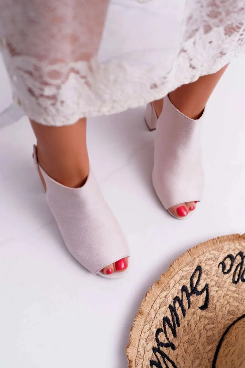 Discount Sandały Damskie Na Słupku Z Cholewką Peep Toe Beżowe Esta Damskie Sandały Na Obcasie