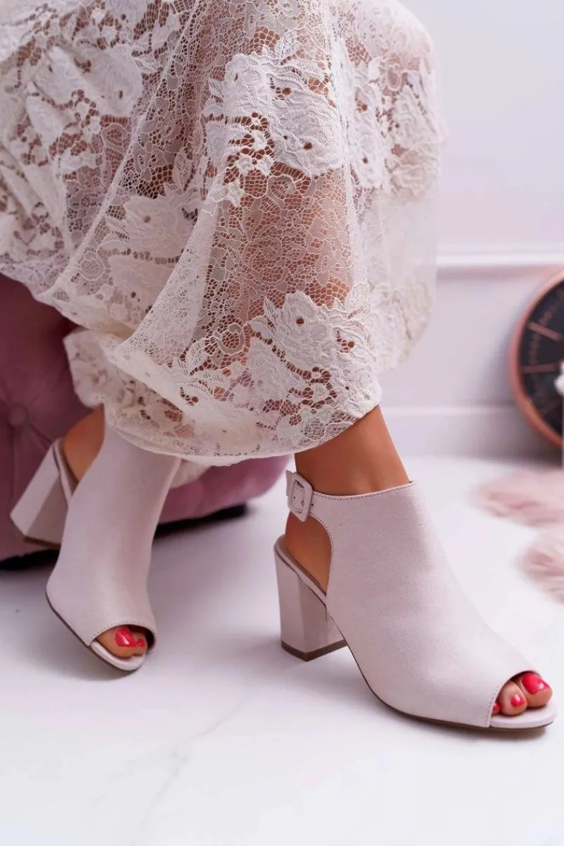 Discount Sandały Damskie Na Słupku Z Cholewką Peep Toe Beżowe Esta Damskie Sandały Na Obcasie