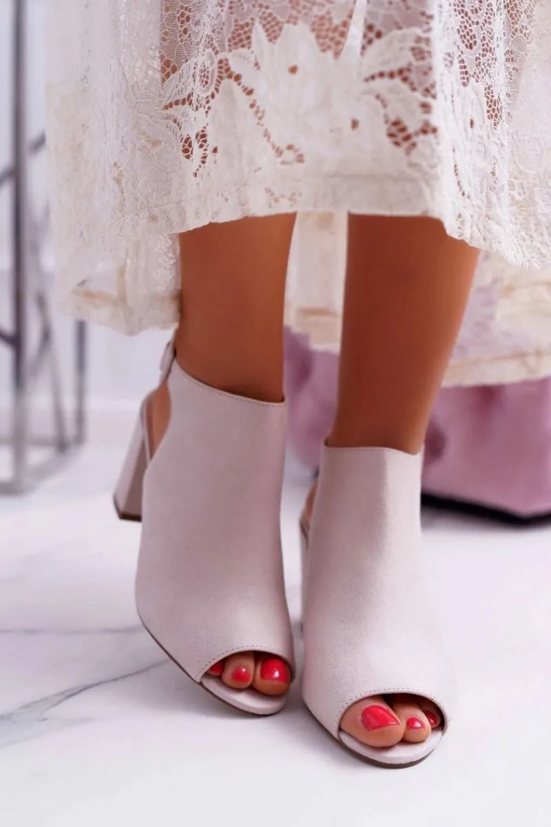 Discount Sandały Damskie Na Słupku Z Cholewką Peep Toe Beżowe Esta Damskie Sandały Na Obcasie