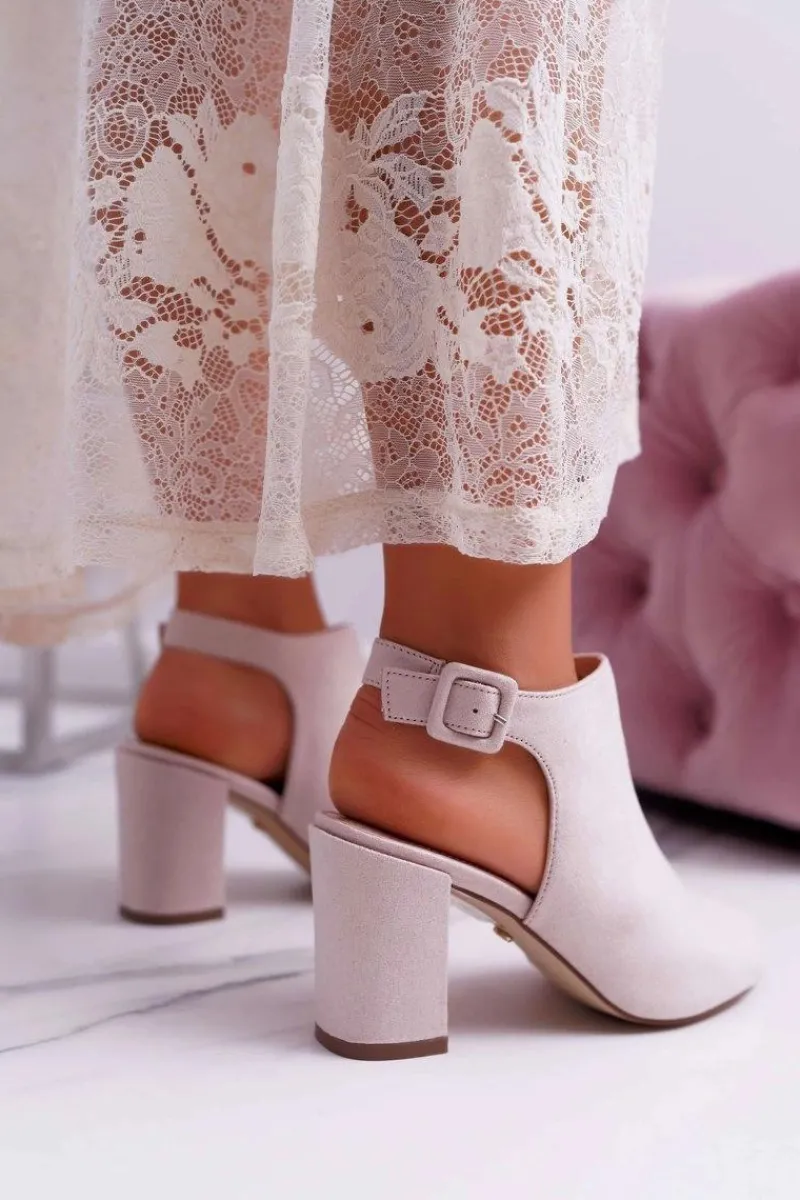 Discount Sandały Damskie Na Słupku Z Cholewką Peep Toe Beżowe Esta Damskie Sandały Na Obcasie