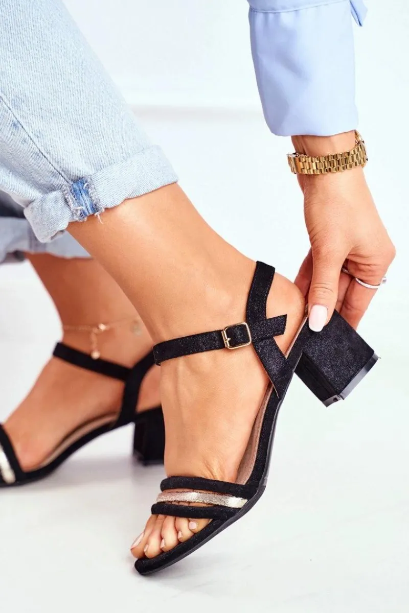 New Damskie buty S.Barski Sandały Damskie Na Słupku Z Brokatem Czarne Wixi