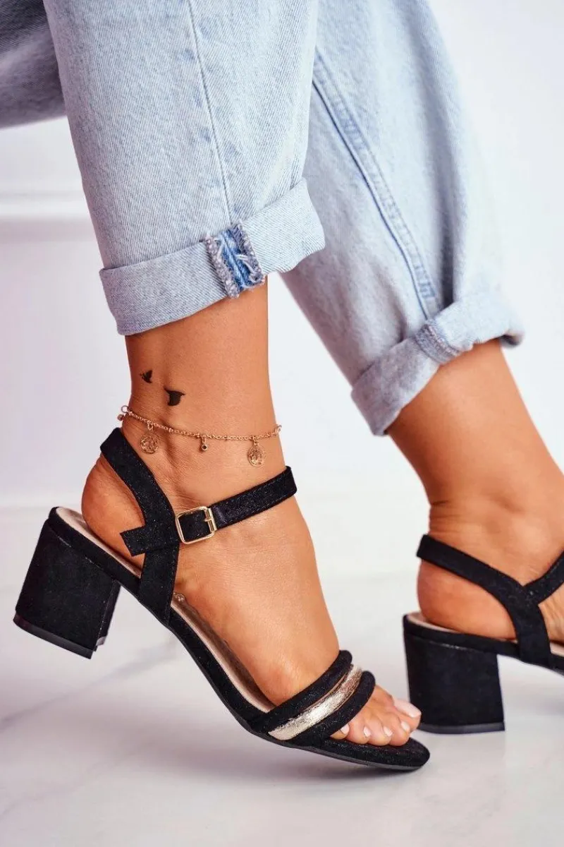 New Damskie buty S.Barski Sandały Damskie Na Słupku Z Brokatem Czarne Wixi