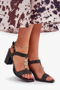 Sandały Na Słupku|Sandały Na Obcasie>Boto Sandały Damskie Na Słupku Z Ozdobą I Plecionką Czarne Annaviel