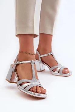Outlet Evento Sandały Damskie Na Słupku Z Eko Skóry Srebrne Lyana Srebrny