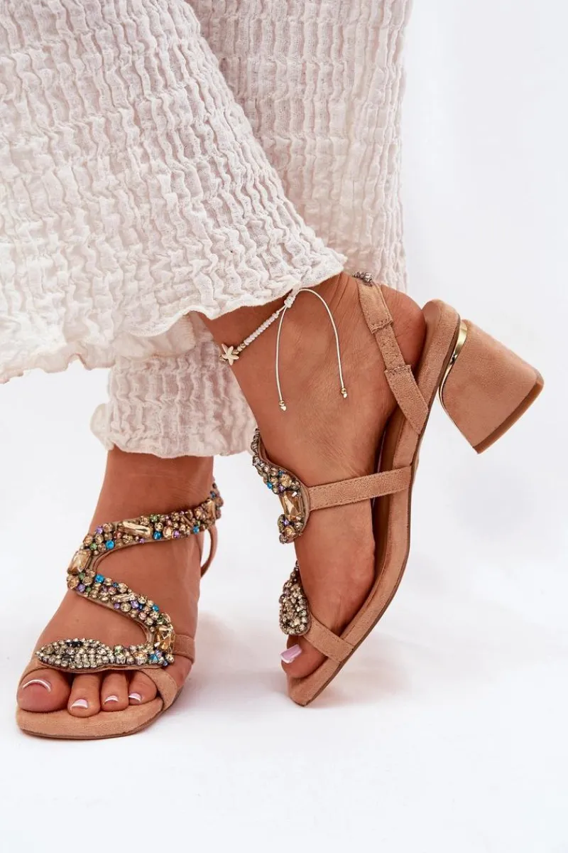 Outlet Artiker Sandały Damskie Na Słupku Z Kryształkami 56C1377 Beżowe Beżowy