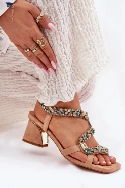 Outlet Artiker Sandały Damskie Na Słupku Z Kryształkami 56C1377 Beżowe Beżowy
