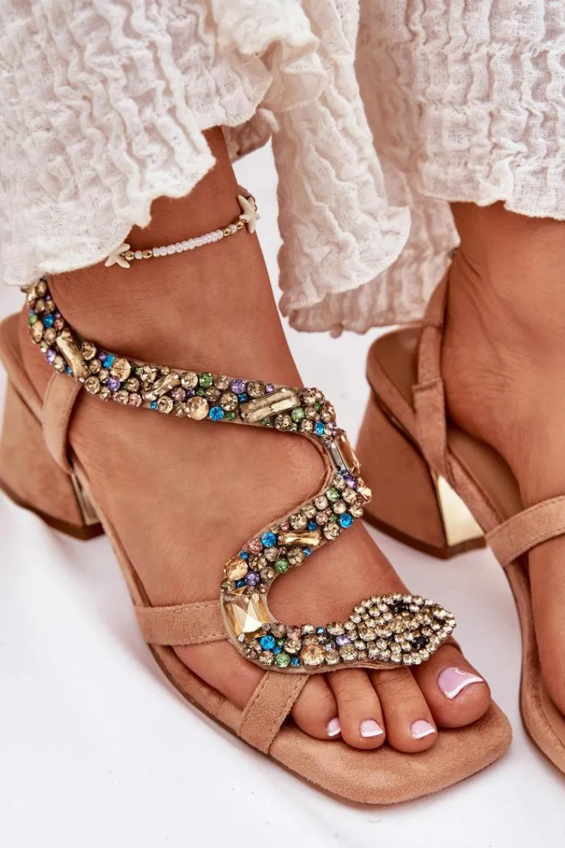 Outlet Artiker Sandały Damskie Na Słupku Z Kryształkami 56C1377 Beżowe Beżowy