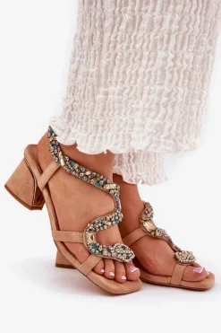 Outlet Artiker Sandały Damskie Na Słupku Z Kryształkami 56C1377 Beżowe Beżowy