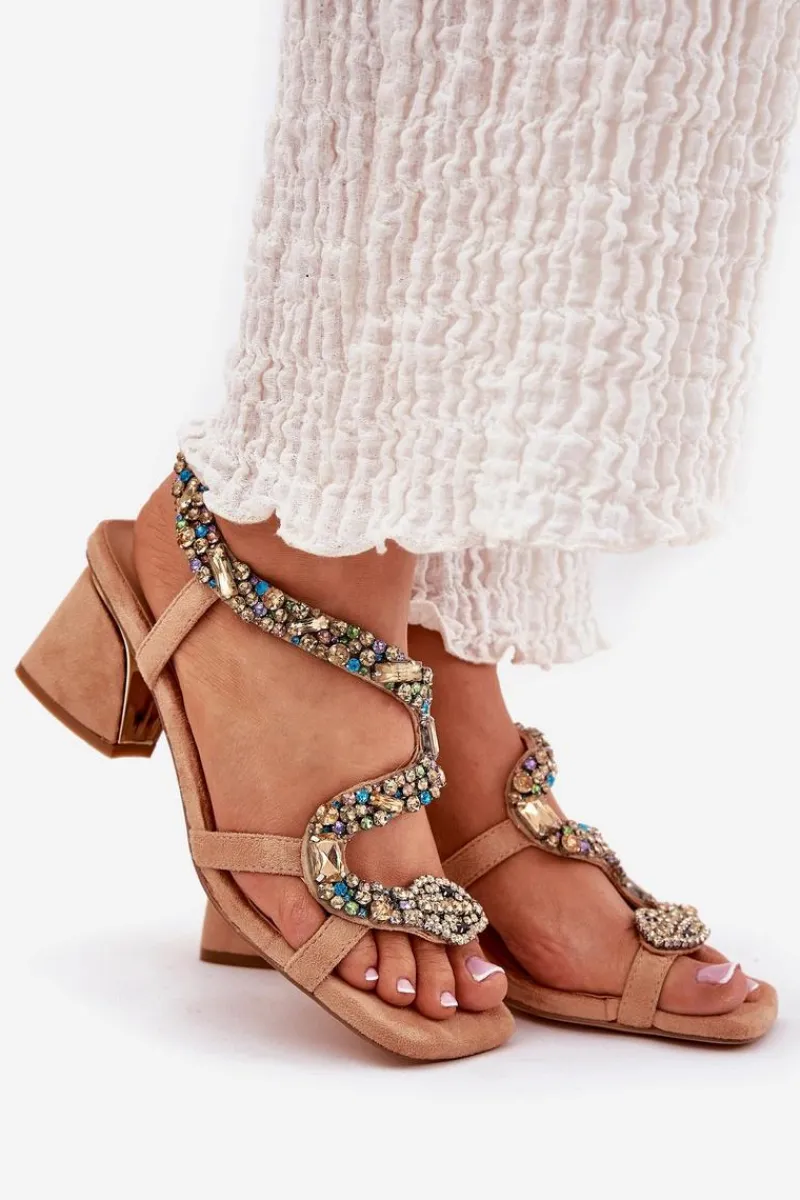Outlet Artiker Sandały Damskie Na Słupku Z Kryształkami 56C1377 Beżowe Beżowy
