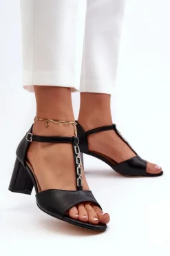Discount Evento Sandały Damskie Na Słupku Z Ozdobnym Paskiem Eko Skóra Czarne Triavera Czarny