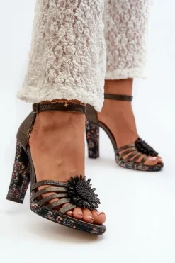 Sandały Na Słupku|Sandały Na Obcasie>Maciejka Sandały Damskie Na Słupku Z Ozdobą 06620-20 Grafitowe