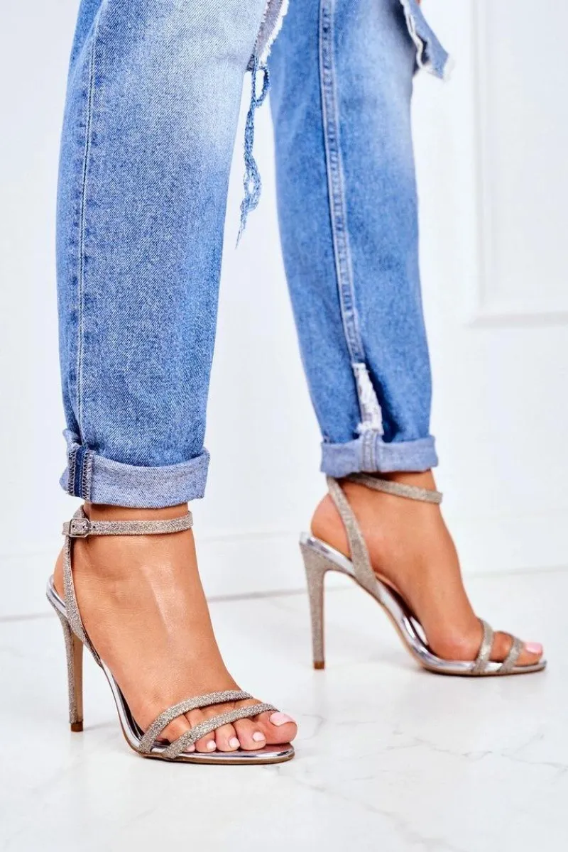 Clearance Sandały Damskie Na Szpilce Brokatowe Złote Demmis Damskie Sandały Na Obcasie