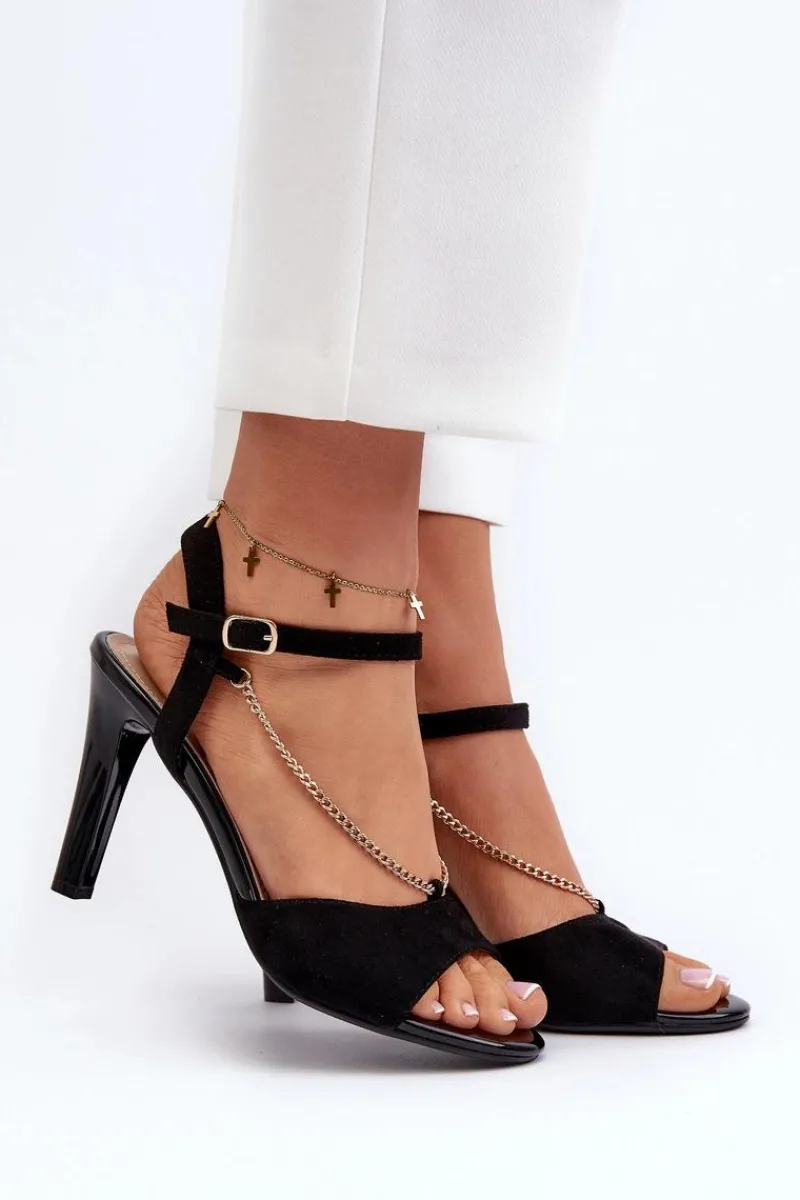 Sandały Na Obcasie>Buty Sergio Leone Sandały Damskie Na Szpilce Eko Zamszowe Z Łańcuszkiem Sergio Leone SK925 Czarne