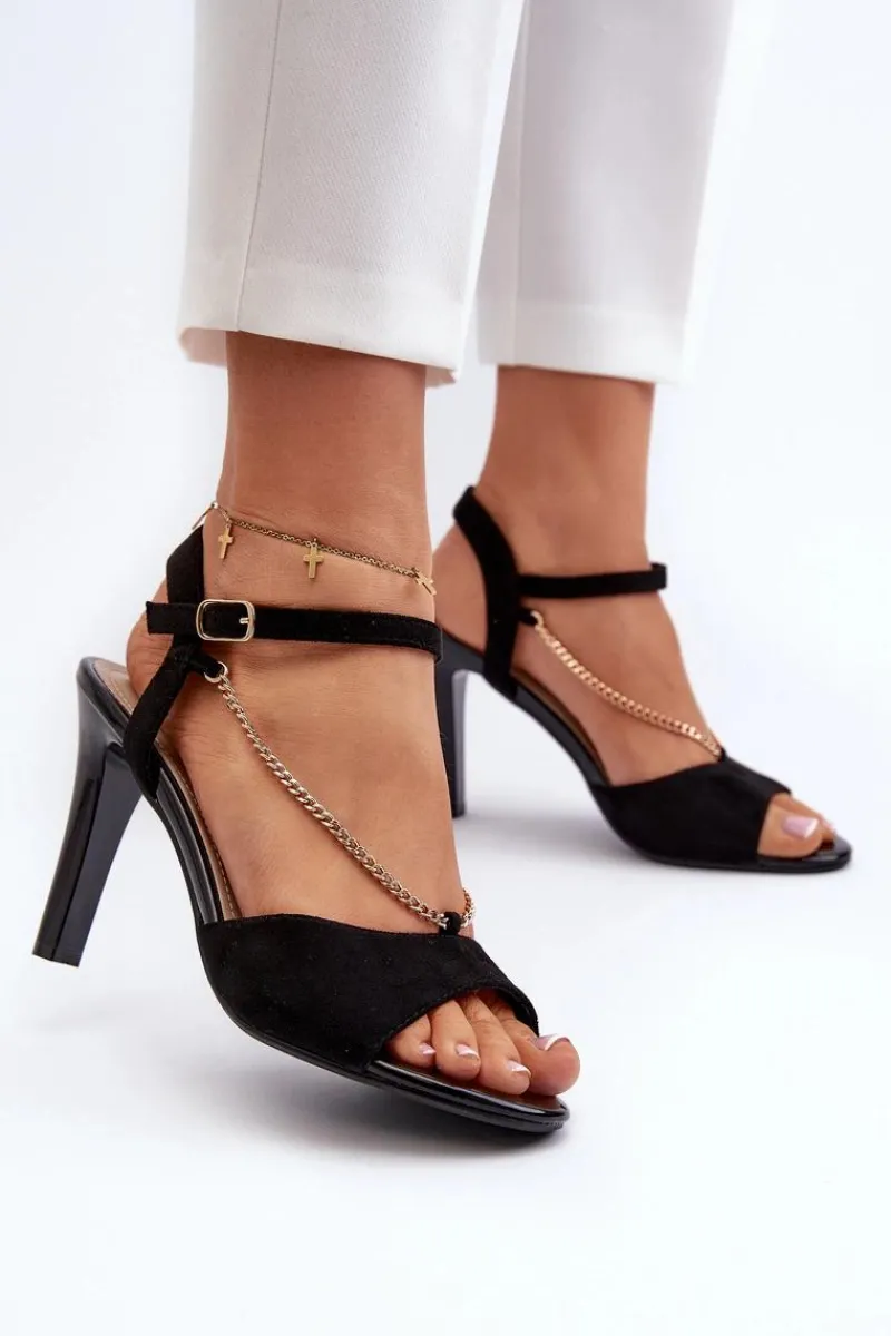 Sandały Na Obcasie>Buty Sergio Leone Sandały Damskie Na Szpilce Eko Zamszowe Z Łańcuszkiem Sergio Leone SK925 Czarne