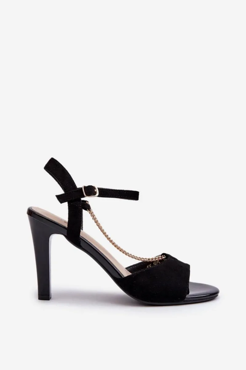 Sandały Na Obcasie>Buty Sergio Leone Sandały Damskie Na Szpilce Eko Zamszowe Z Łańcuszkiem Sergio Leone SK925 Czarne