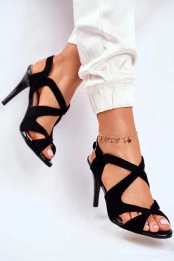 Sandały Na Obcasie>Buty Sergio Leone Sandały Damskie Na Szpilce Sergio Leone Eko-Zamsz Czarne SK427