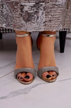 Best Sandały Damskie Na Szpilce Brokatowe Złote Fiver Damskie Sandały Na Obcasie