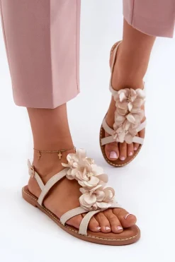 Discount Boto Sandały Damskie Płaskie Ozdobione Kwiatkami Beżowe Abidina