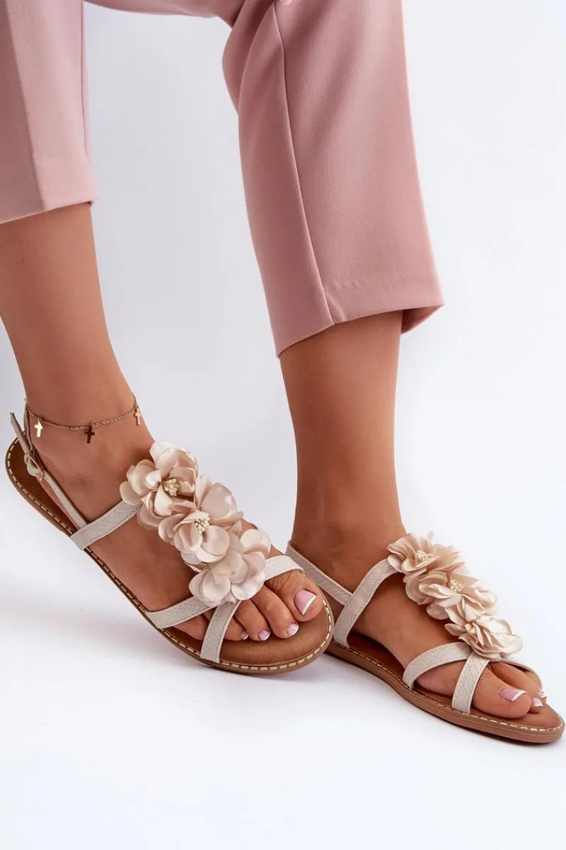 Discount Boto Sandały Damskie Płaskie Ozdobione Kwiatkami Beżowe Abidina