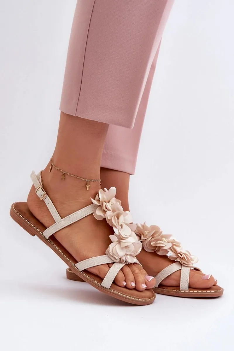 Discount Boto Sandały Damskie Płaskie Ozdobione Kwiatkami Beżowe Abidina