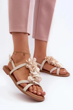 Discount Boto Sandały Damskie Płaskie Ozdobione Kwiatkami Beżowe Abidina