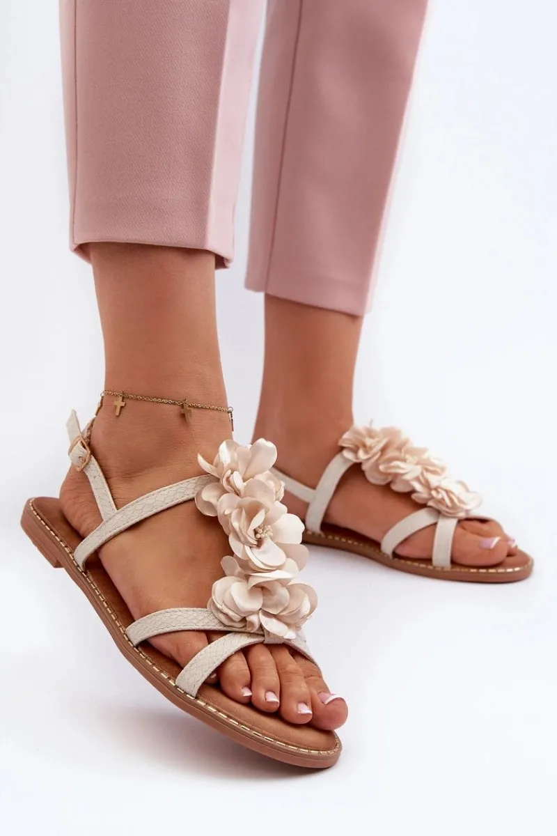 Discount Boto Sandały Damskie Płaskie Ozdobione Kwiatkami Beżowe Abidina