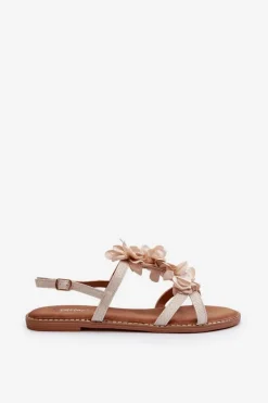 Discount Boto Sandały Damskie Płaskie Ozdobione Kwiatkami Beżowe Abidina