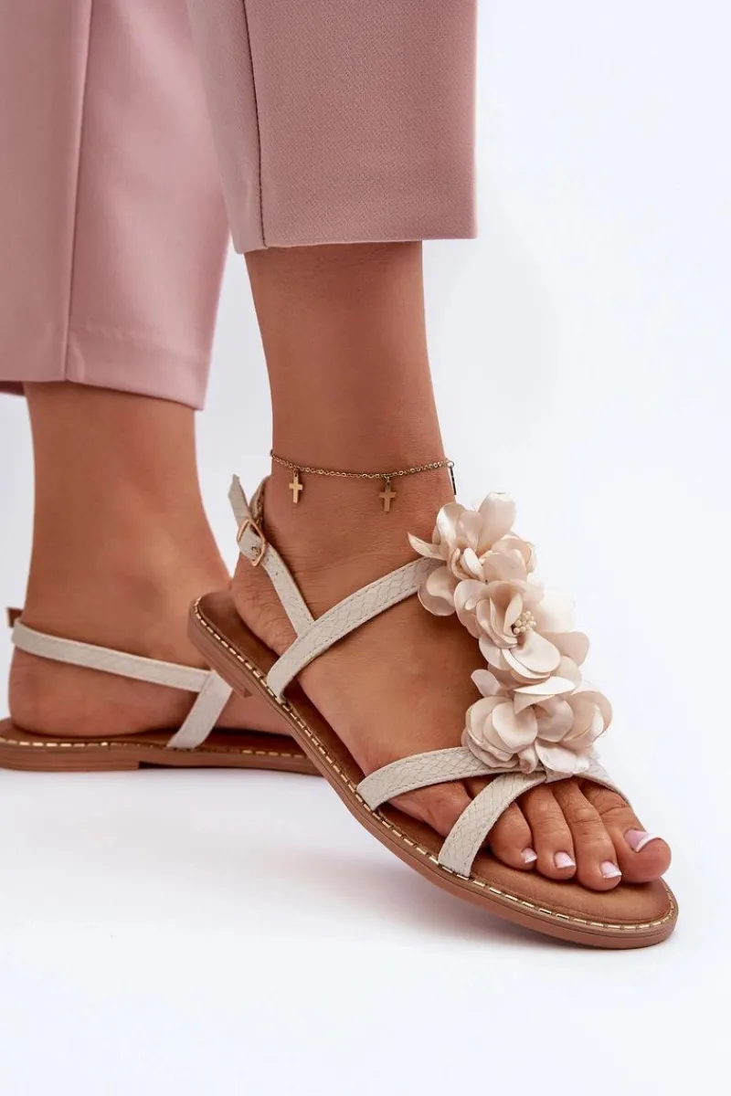Discount Boto Sandały Damskie Płaskie Ozdobione Kwiatkami Beżowe Abidina
