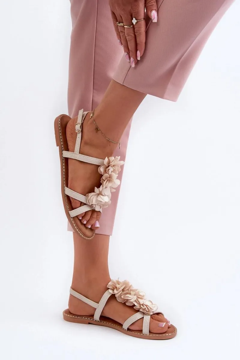 Discount Boto Sandały Damskie Płaskie Ozdobione Kwiatkami Beżowe Abidina