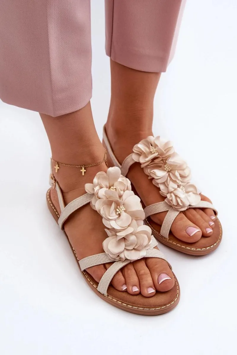 Discount Boto Sandały Damskie Płaskie Ozdobione Kwiatkami Beżowe Abidina