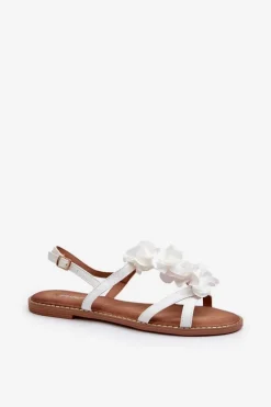 Best Sandały Damskie Płaskie Ozdobione Kwiatkami Białe Abidina Damskie Sandały Płaskie