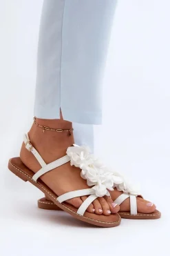 Best Sandały Damskie Płaskie Ozdobione Kwiatkami Białe Abidina Damskie Sandały Płaskie