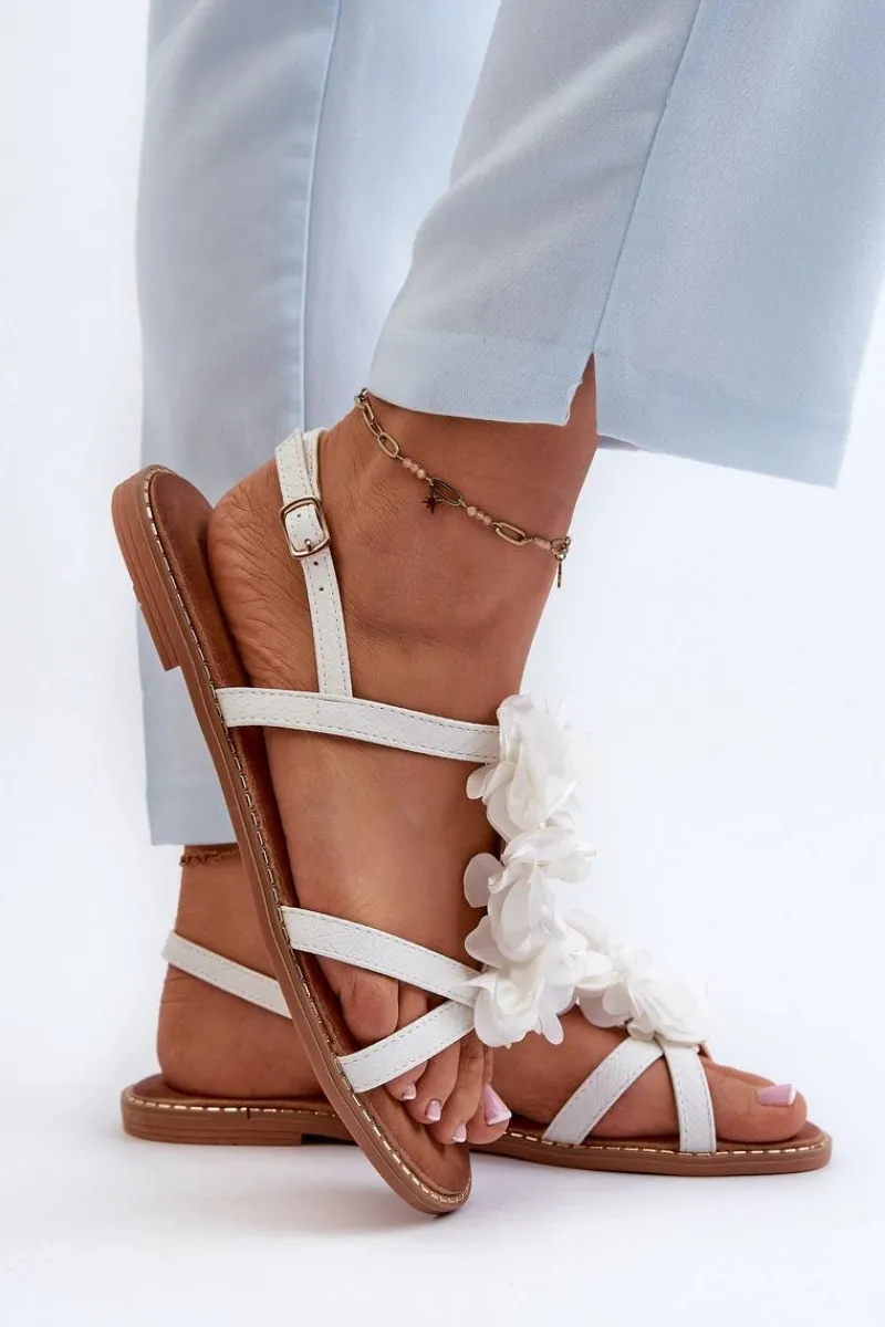 Best Sandały Damskie Płaskie Ozdobione Kwiatkami Białe Abidina Damskie Sandały Płaskie