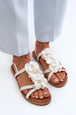 Best Sandały Damskie Płaskie Ozdobione Kwiatkami Białe Abidina Damskie Sandały Płaskie