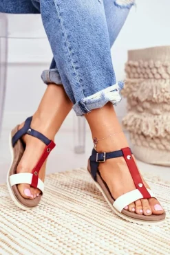 Sale Sandały Damskie Płaskie Profilowane 8SD35-0306 Granatowe Dubi Damskie Sandały Płaskie