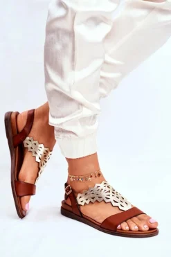 Best Buty Sergio Leone Sandały Damskie Płaskie Sergio Leone Brązowe SK035