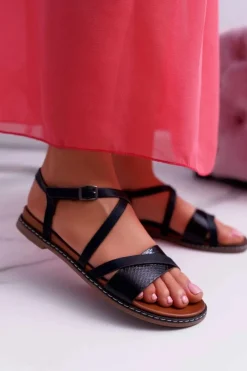 Clearance Sandały Damskie Płaskie Sergio Leone SK019 Czarne Dariana Damskie Sandały Płaskie