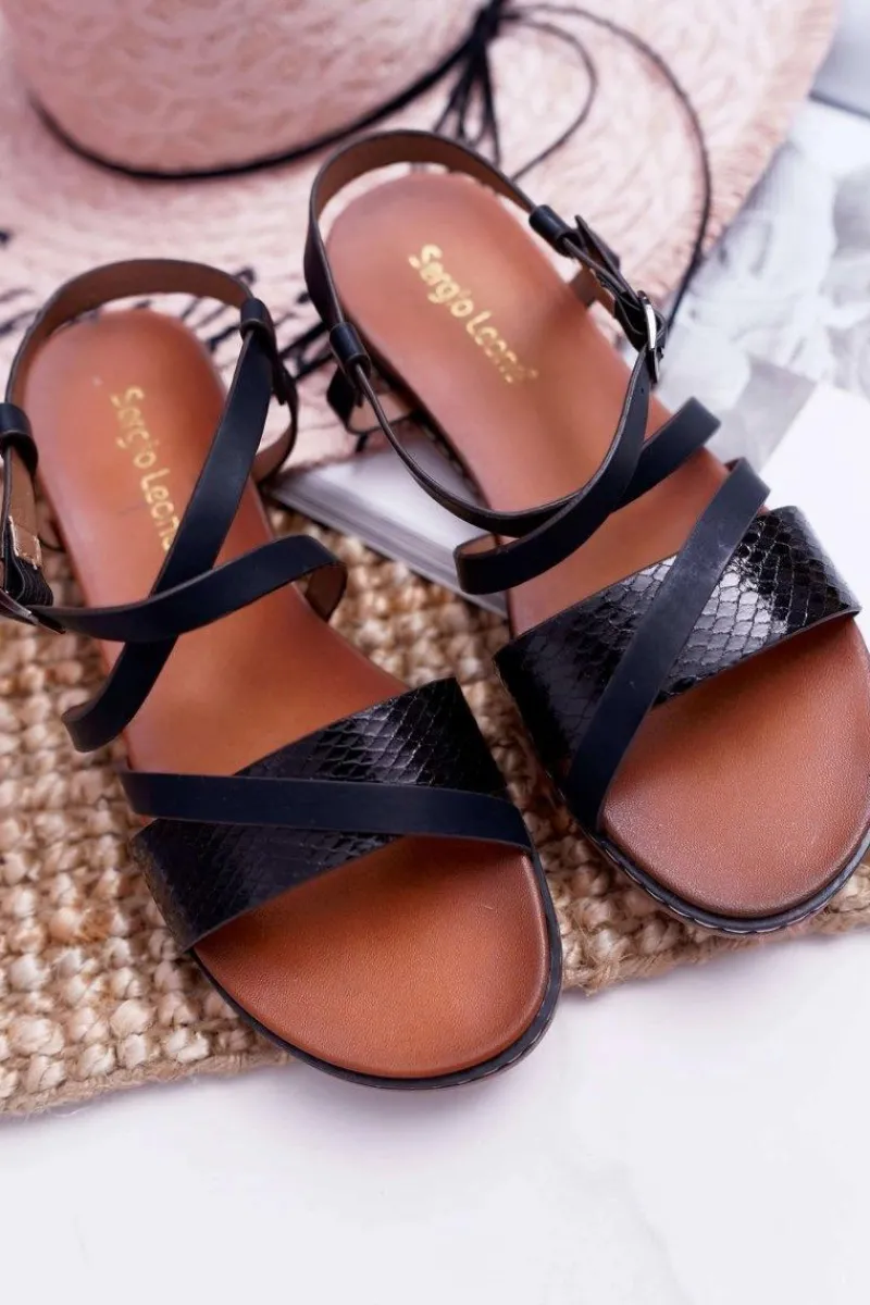 Clearance Sandały Damskie Płaskie Sergio Leone SK019 Czarne Dariana Damskie Sandały Płaskie