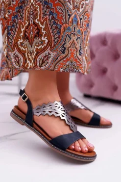 Online Buty Sergio Leone Sandały Damskie Płaskie Sergio Leone SK011 Czarne Lirielle