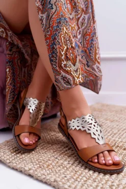 Sandały Płaskie>Buty Sergio Leone Sandały Damskie Płaskie Sergio Leone SK011 Camel Lirielle