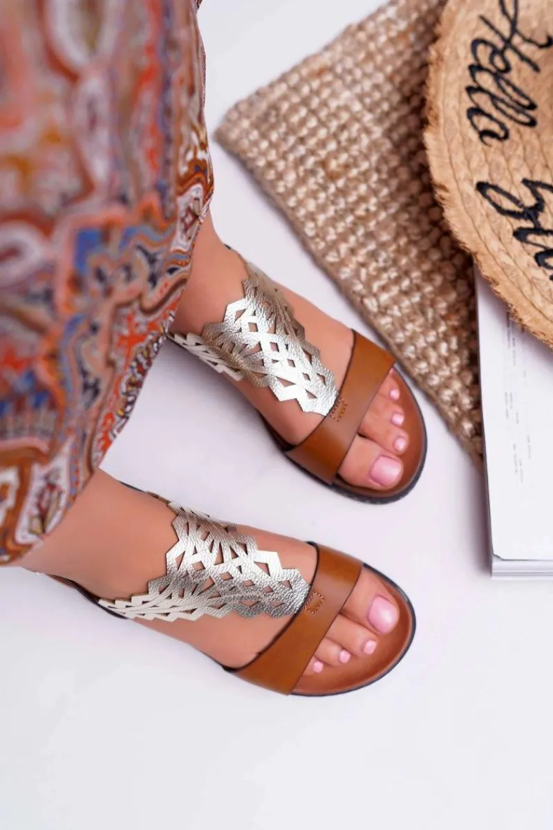 Sandały Płaskie>Buty Sergio Leone Sandały Damskie Płaskie Sergio Leone SK011 Camel Lirielle