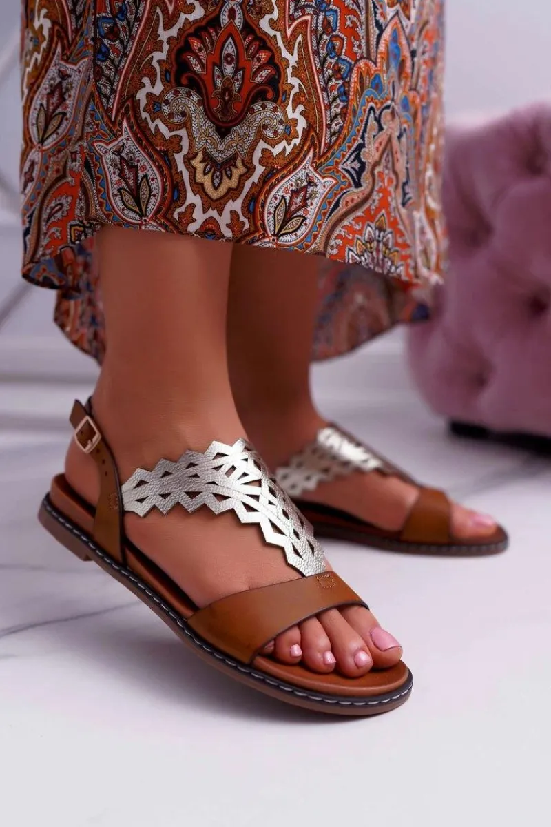 Sandały Płaskie>Buty Sergio Leone Sandały Damskie Płaskie Sergio Leone SK011 Camel Lirielle