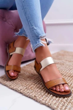 Best Buty Sergio Leone Sandały Damskie Płaskie Sergio Leone SK014 Camel Agrina