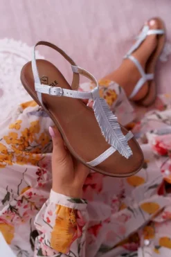 Discount Boto Sandały Damskie Płaskie Skórzane Srebrne Nicole 2383