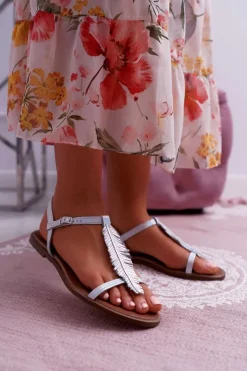 Discount Boto Sandały Damskie Płaskie Skórzane Srebrne Nicole 2383