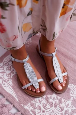 Discount Boto Sandały Damskie Płaskie Skórzane Srebrne Nicole 2383