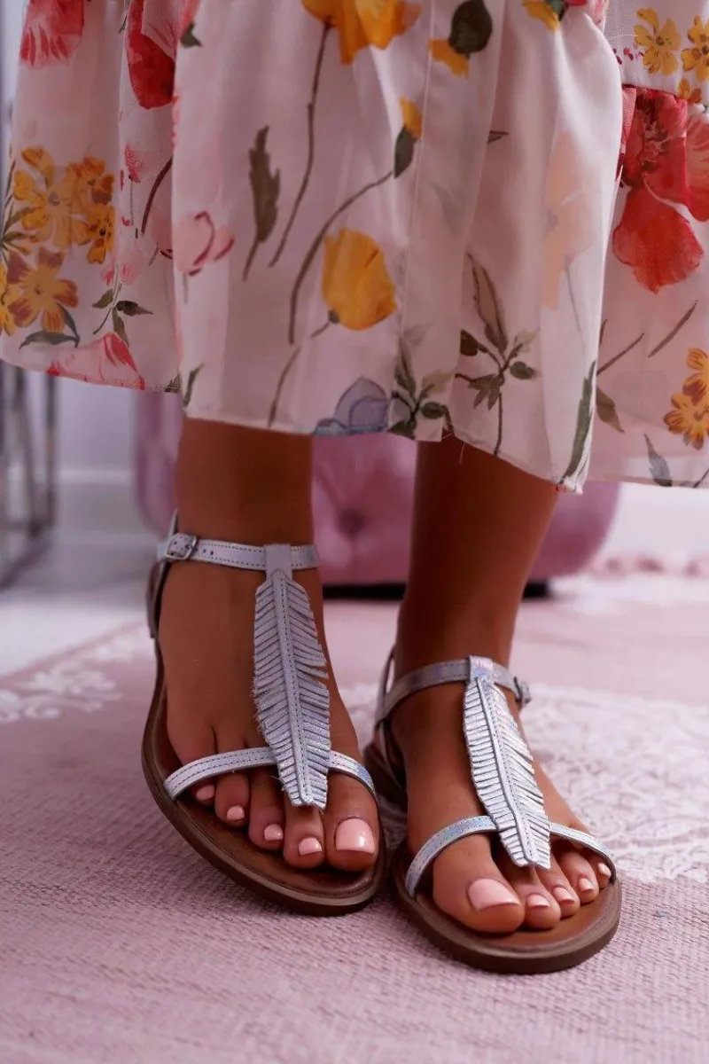 Discount Boto Sandały Damskie Płaskie Skórzane Srebrne Nicole 2383