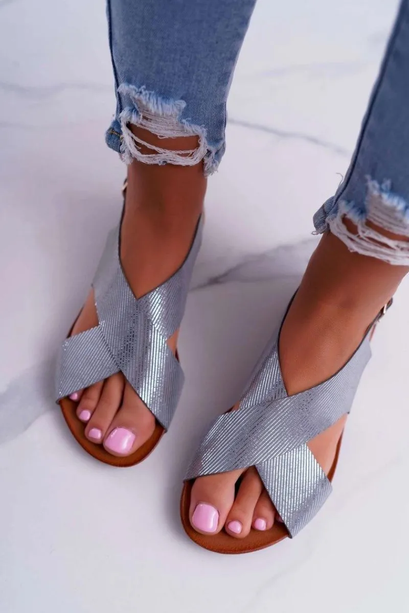 Outlet Laura Messi Sandały Damskie Płaskie Skórzane Srebrne 1960