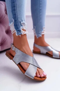 Outlet Laura Messi Sandały Damskie Płaskie Skórzane Srebrne 1960