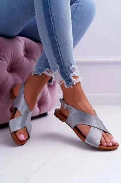 Outlet Laura Messi Sandały Damskie Płaskie Skórzane Srebrne 1960